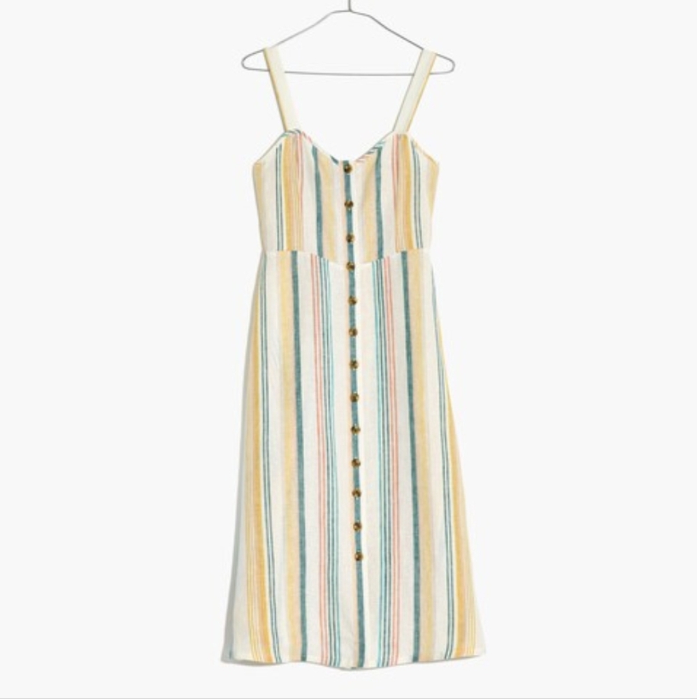 Madewell Linen Fitted-Bodice Midi  Dress In Stripe